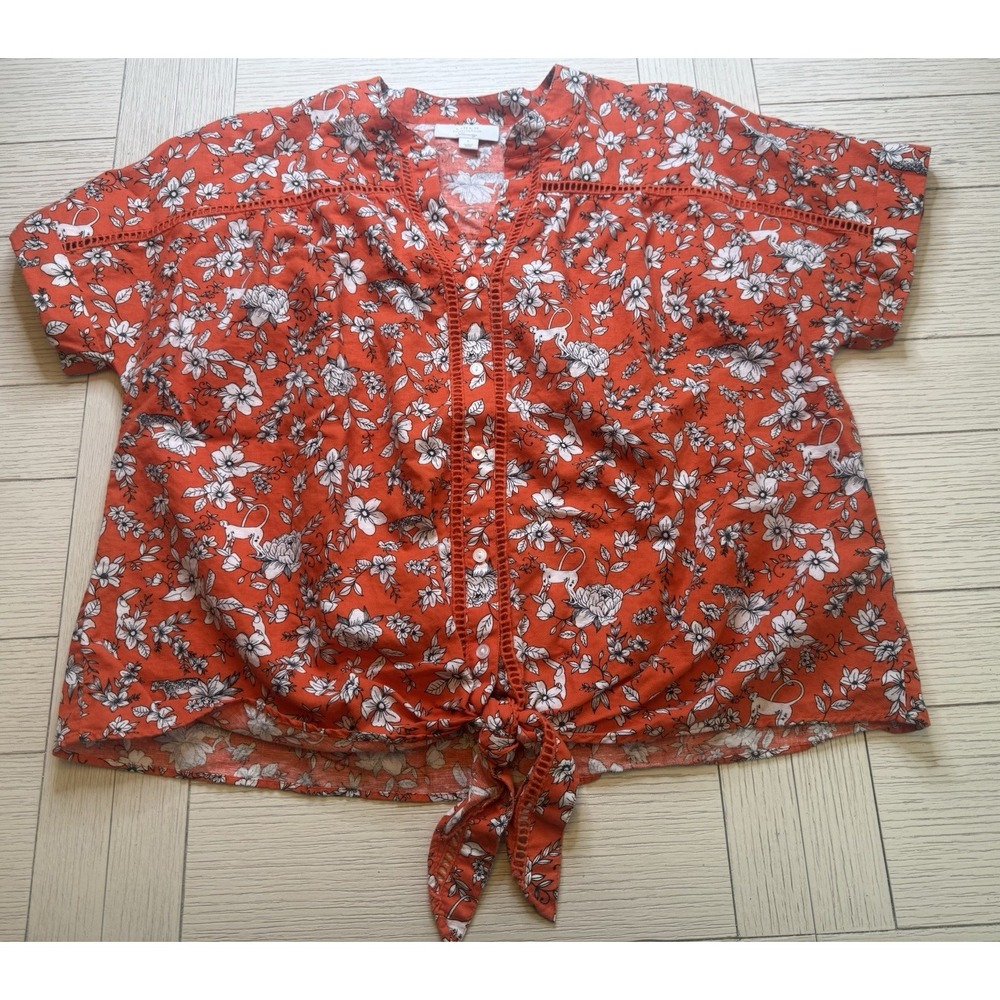 Charter club Luxury Linen Floral + Monkey button up shirt Tie Front Waist Size L